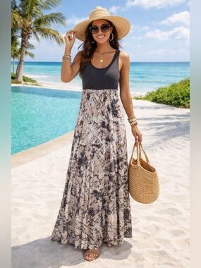 Chic Grey and Cream Maxi Dress